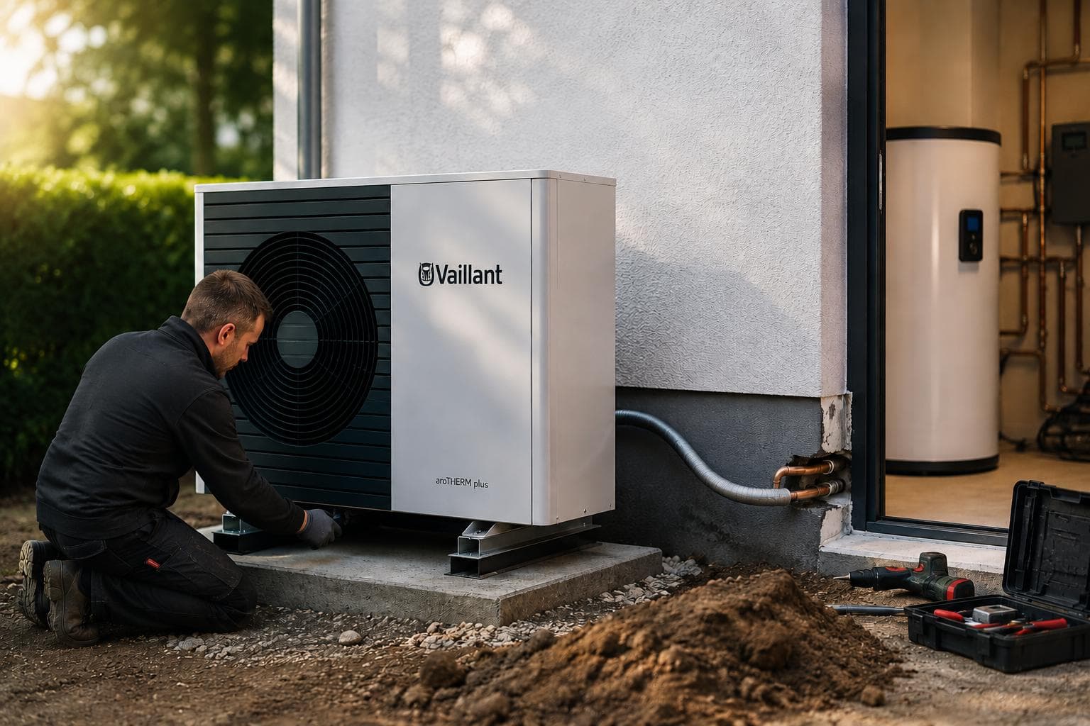 Fachbetrieb installiert eine Wärmepumpe an einem Wohnhaus